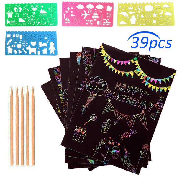 Scratch Art Paper Set, 30 Piece Rainbow Magic Scratch Paper Craft Kit for  Kids Black Scratch Off Art Crafts Notes Boards Sheet with 3 Wooden Stylus 4  Drawing Stencils for Birthday Party
